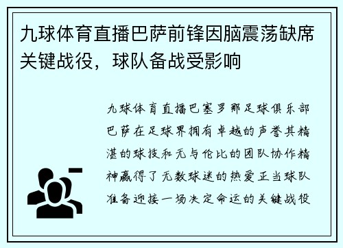 九球体育直播巴萨前锋因脑震荡缺席关键战役，球队备战受影响