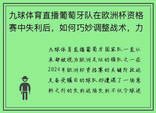 九球体育直播葡萄牙队在欧洲杯资格赛中失利后，如何巧妙调整战术，力求逆袭？