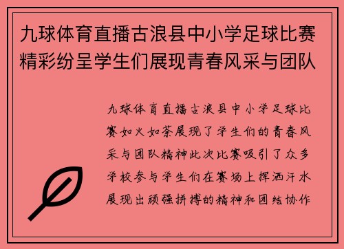 九球体育直播古浪县中小学足球比赛精彩纷呈学生们展现青春风采与团队精神