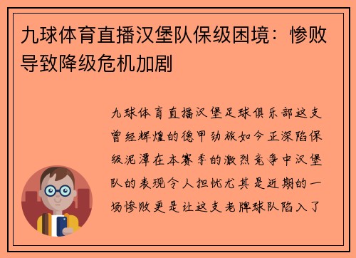 九球体育直播汉堡队保级困境：惨败导致降级危机加剧