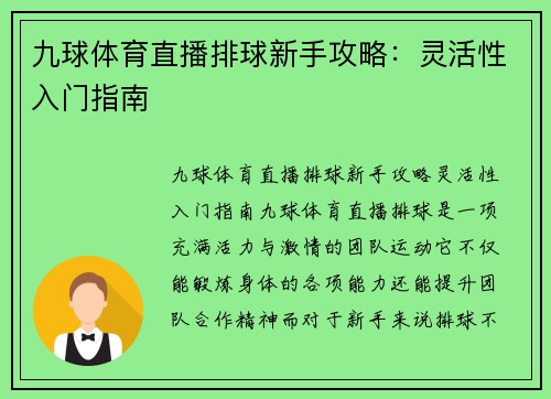 九球体育直播排球新手攻略：灵活性入门指南